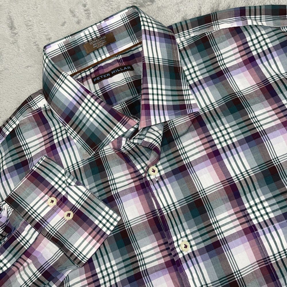 Peter Millar Shirt Mens XL Purple Plaid Button Up Long Sleeve EUC